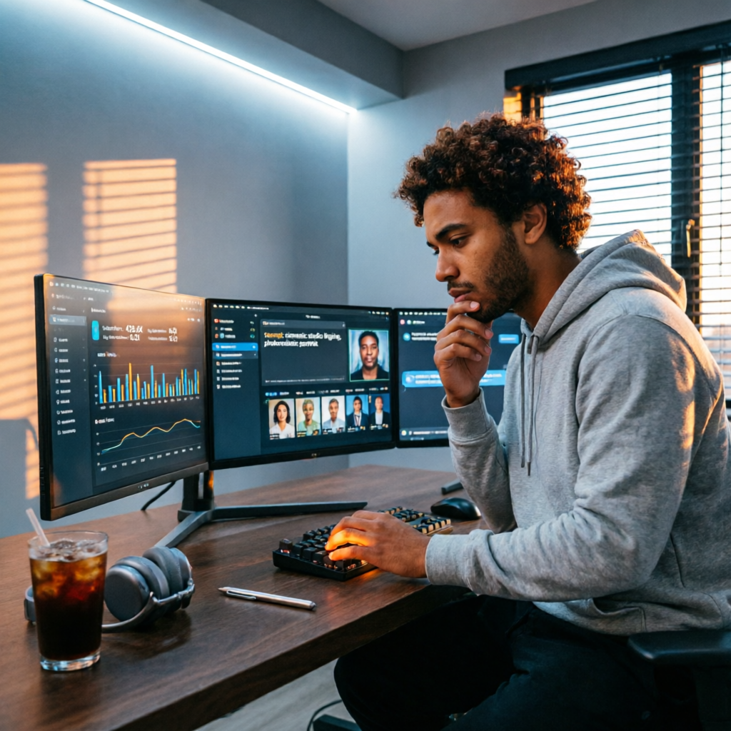 photorealistic cinematic shot of a brazilian content creator working with multiple monitors showing 