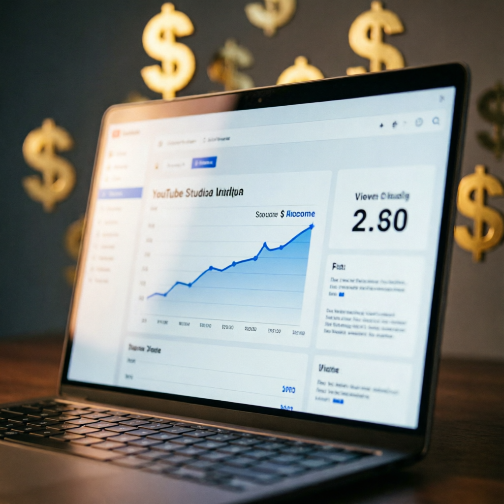 photorealistic close-up of a youtube studio analytics dashboard on a laptop screen showing growing r