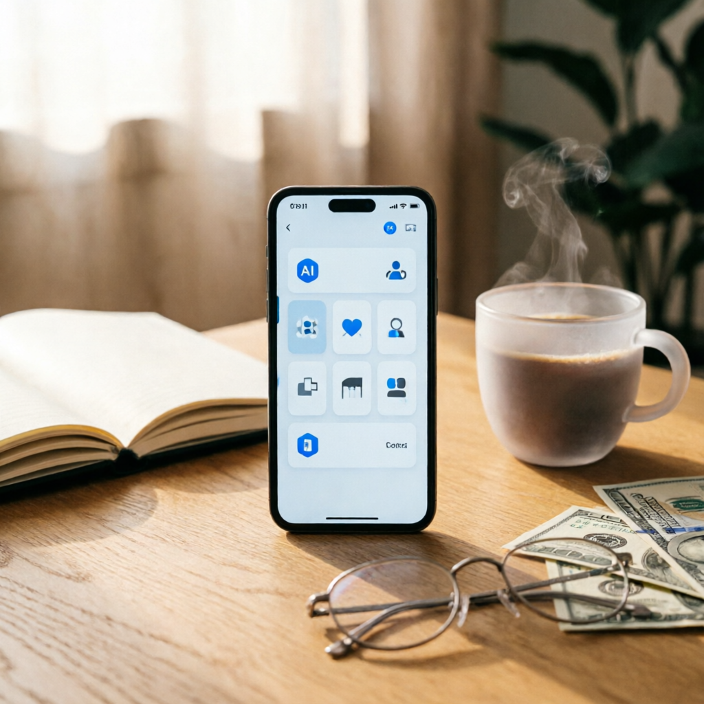 photorealistic flat lay shot of modern workspace with smartphone showing AI app interface