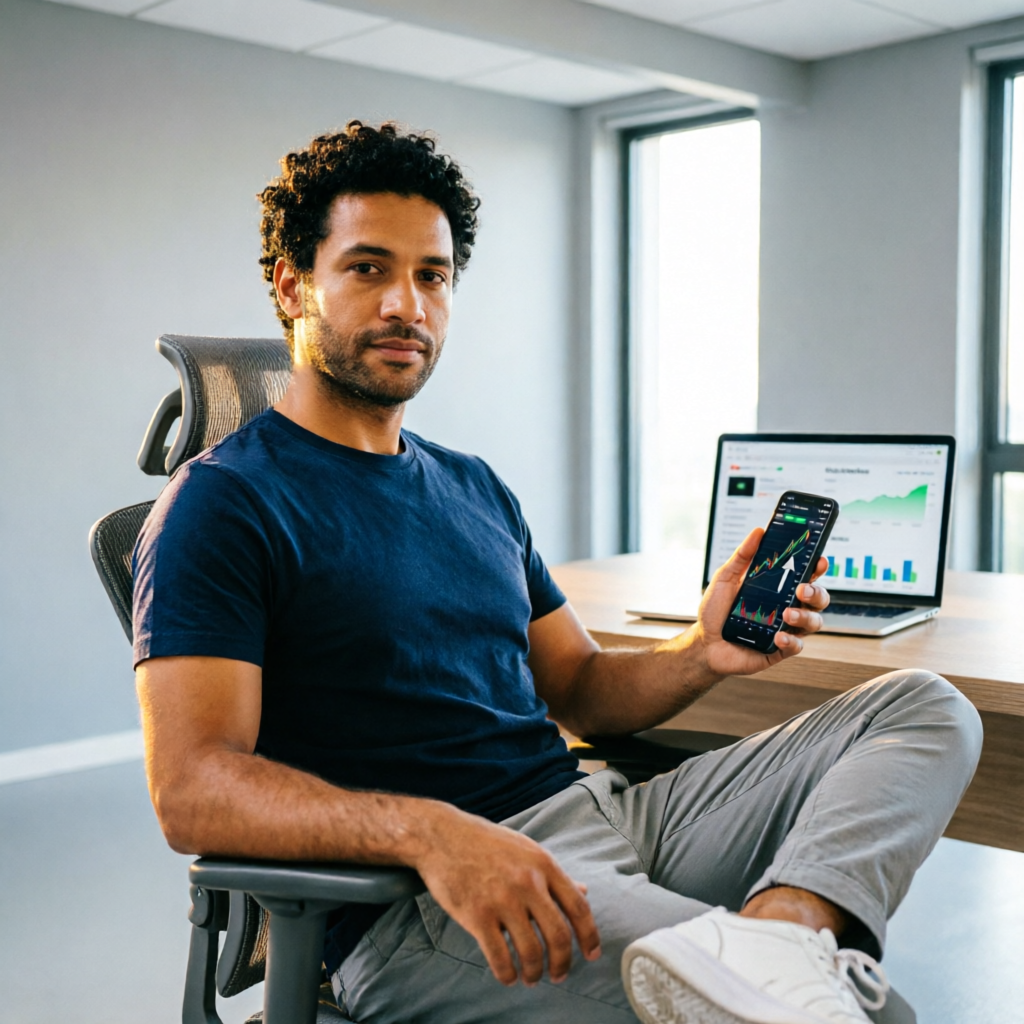 photorealistic image of brazilian man in casual clothes sitting confidently in modern home office