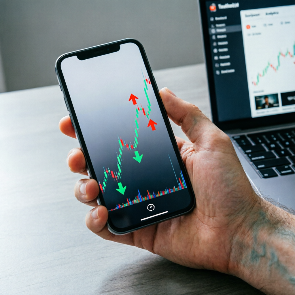 photorealistic smartphone screen displaying a professional trading chart app with AI buy/sell signal
