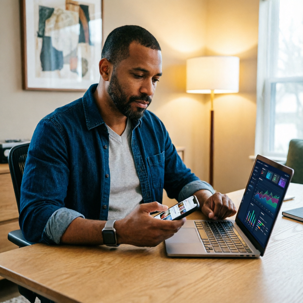 A professional Brazilian male digital marketer in his 40s sitting at a modern home office desk