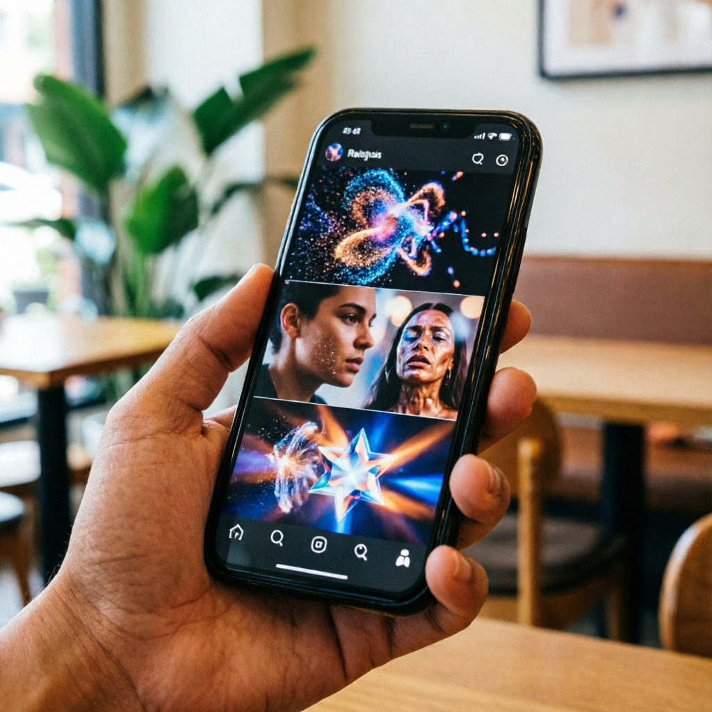 Close up of a smartphone screen displaying Instagram Reels feed with AI-generated content