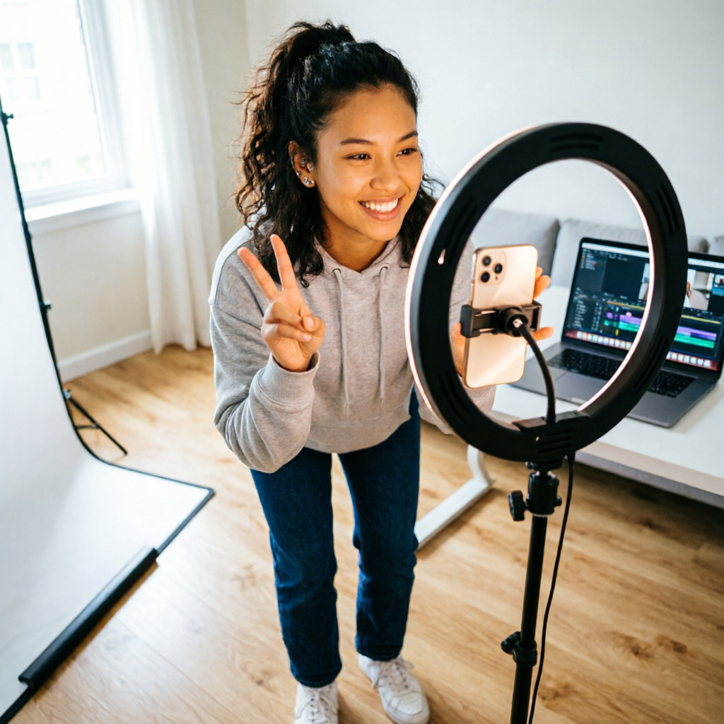 A young Brazilian content creator filming Instagram Reels with ring light and smartphone tripod