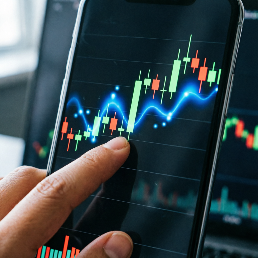 Smartphone screen showing crypto trading chart with AI analysis overlay