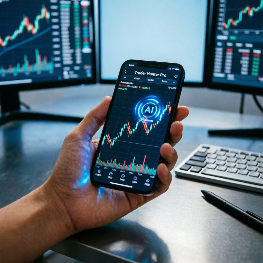 Hand holding smartphone displaying Trader Hunter Pro app interface with AI buy signal on crypto char