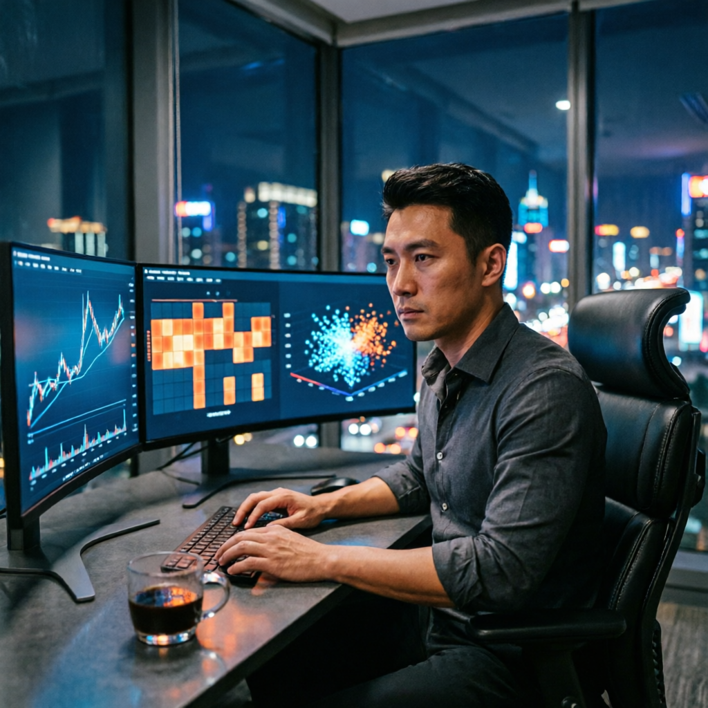 photorealistic cinematic shot of a professional trader looking at multiple monitors with AI-generate