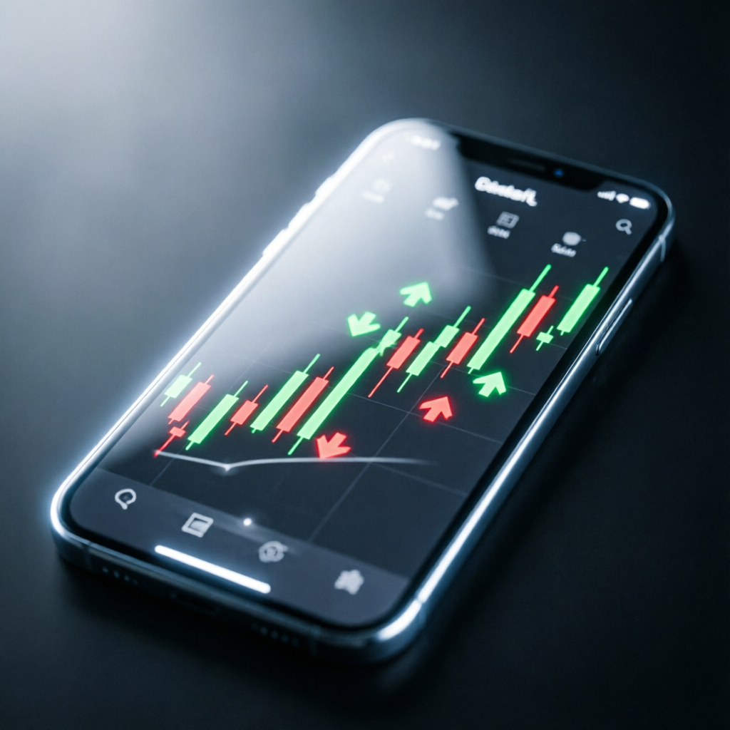 photorealistic close-up of a smartphone screen showing an AI trading app with green and red signals