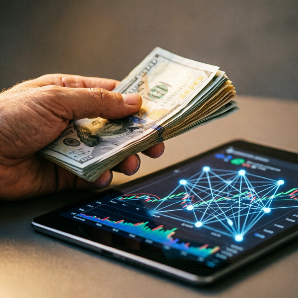 photorealistic image of a hand holding cash bills next to a tablet showing rising financial charts w