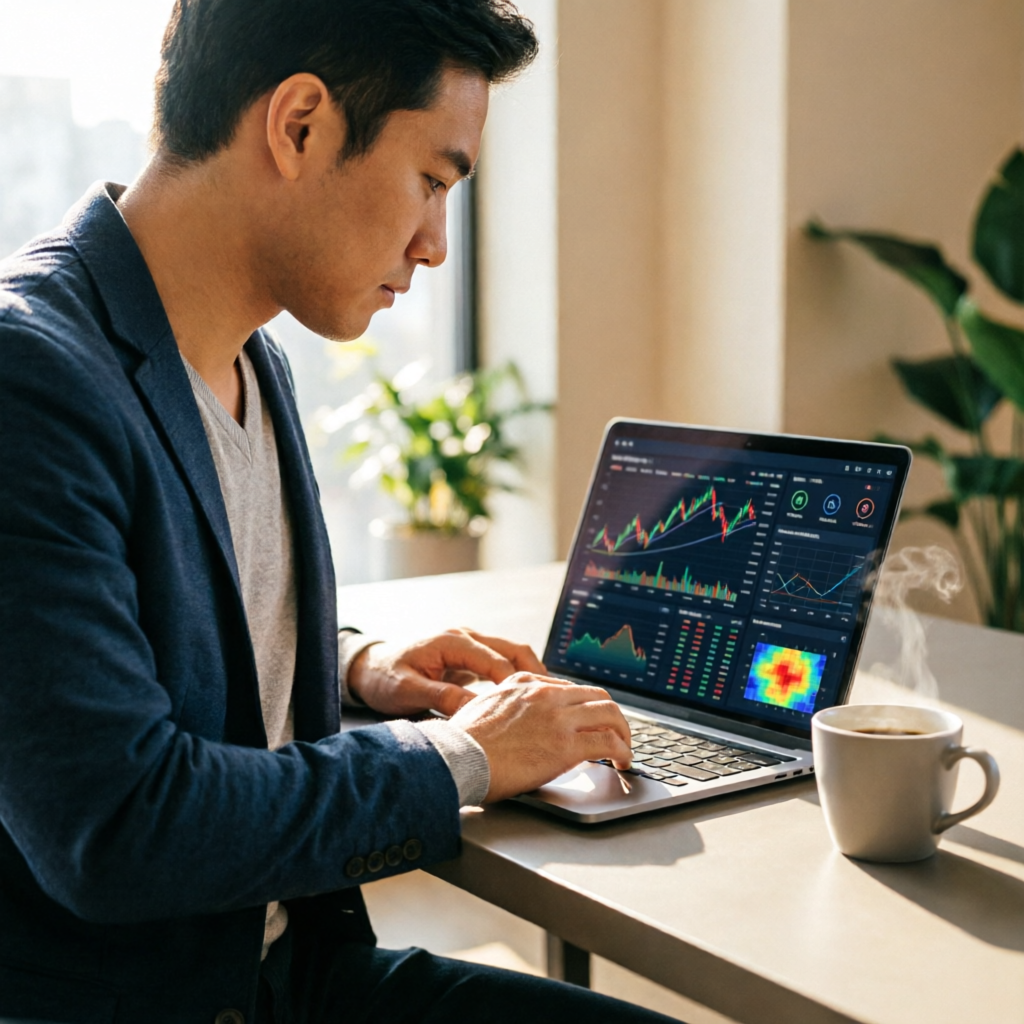 photorealistic over the shoulder shot of a person at a desk using a laptop with AI trading dashboard
