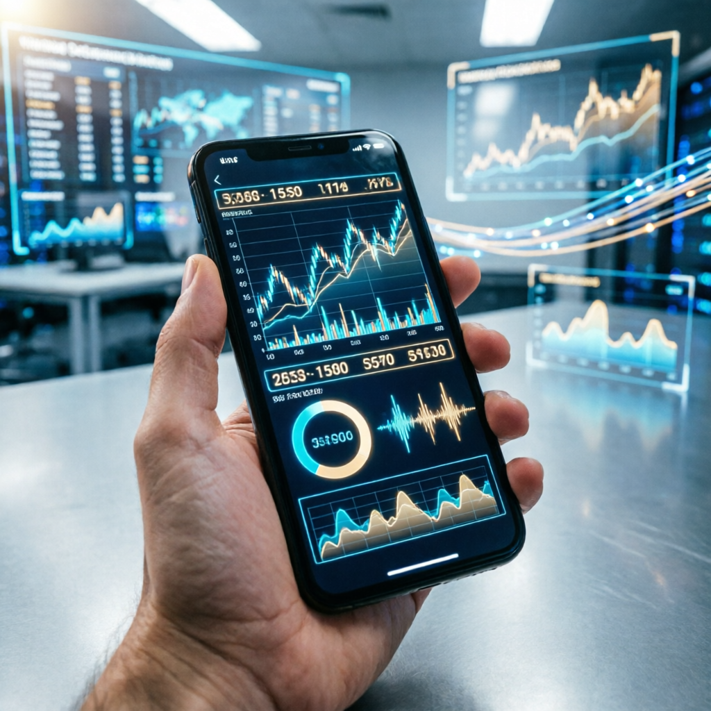 photorealistic cinematic image of a futuristic AI trading app interface on a smartphone