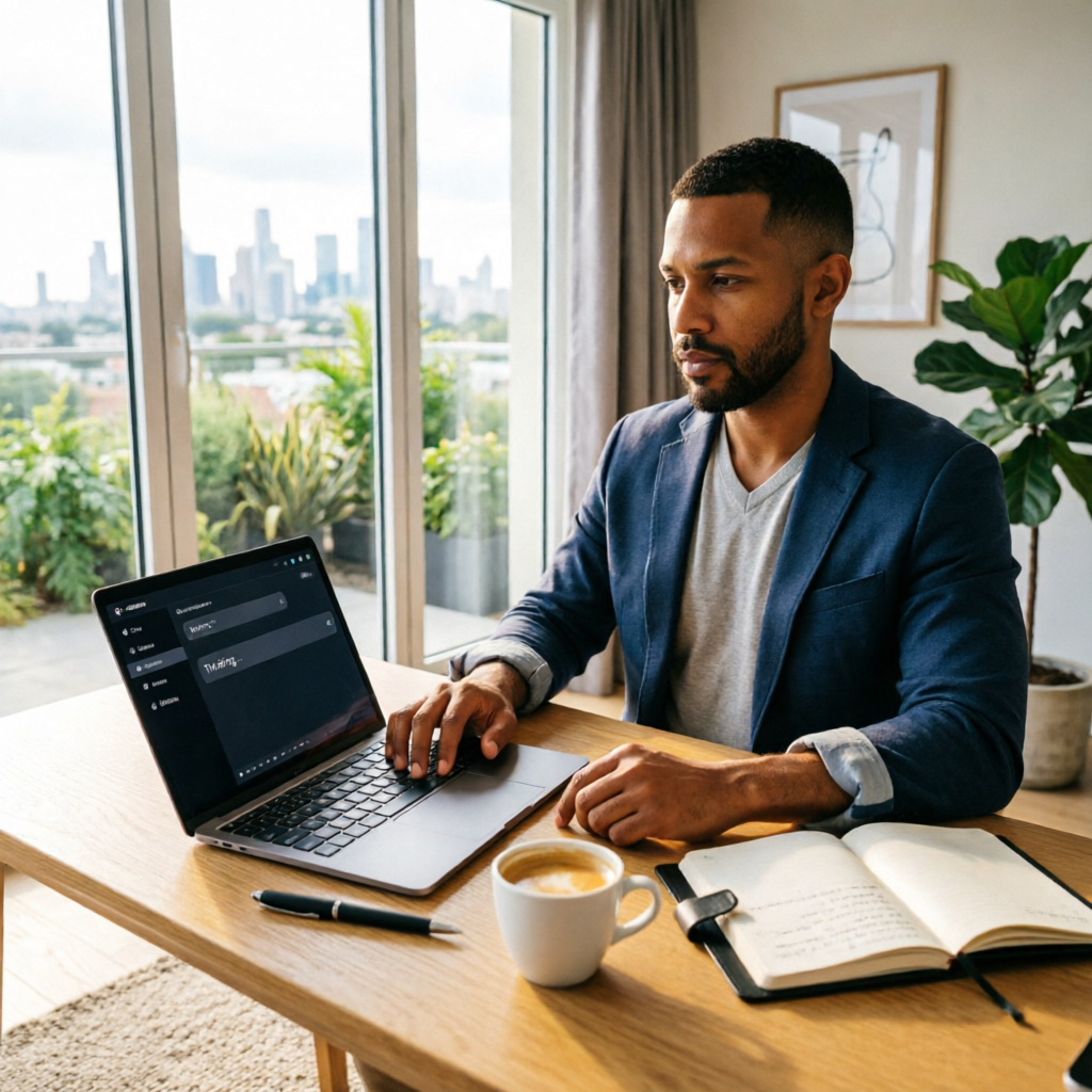 photorealistic cinematic shot of a Brazilian entrepreneur working on a laptop with Google Gemini AI