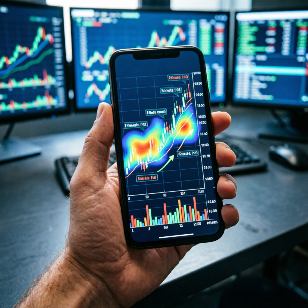 photorealistic image of a smartphone displaying cryptocurrency trading charts with AI analysis overl
