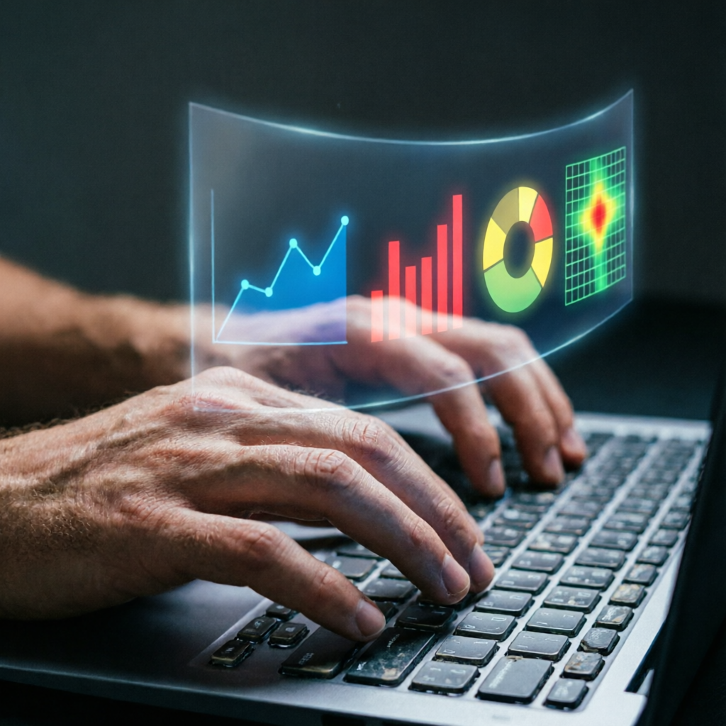 photorealistic close-up of hands typing on laptop keyboard with holographic AI interface floating ab