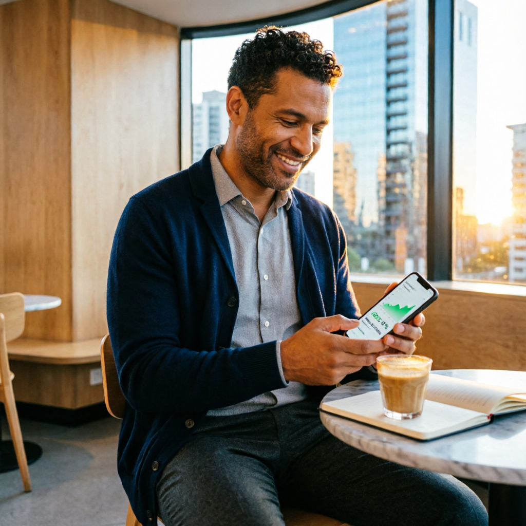 photorealistic image of Brazilian man in his 40s smiling confidently while looking at smartphone sho