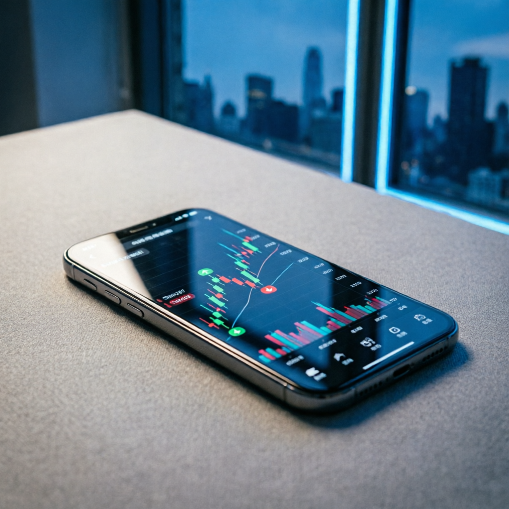 photorealistic image of smartphone displaying AI trading app interface with buy and sell signals on