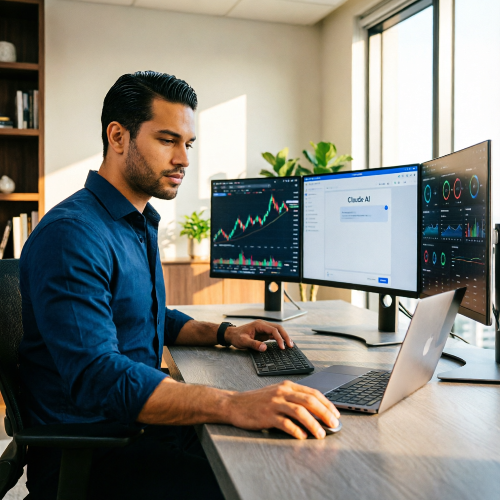 photorealistic cinematic image of a Brazilian entrepreneur in his late 30s working on a modern lapto