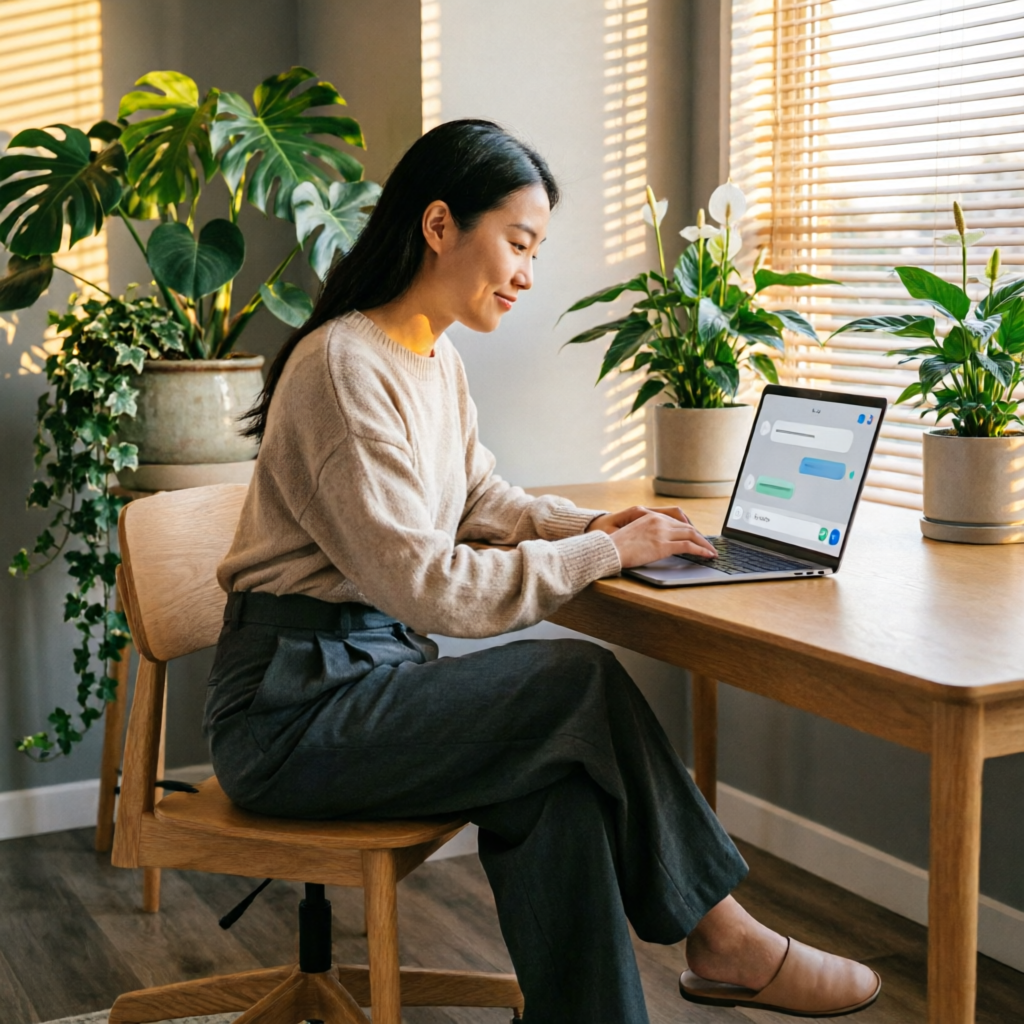 photorealistic image of a person interacting with an AI assistant on a laptop screen showing a chat 