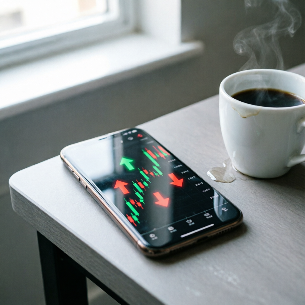 photorealistic image of a smartphone screen displaying a trading app with green and red candlestick 