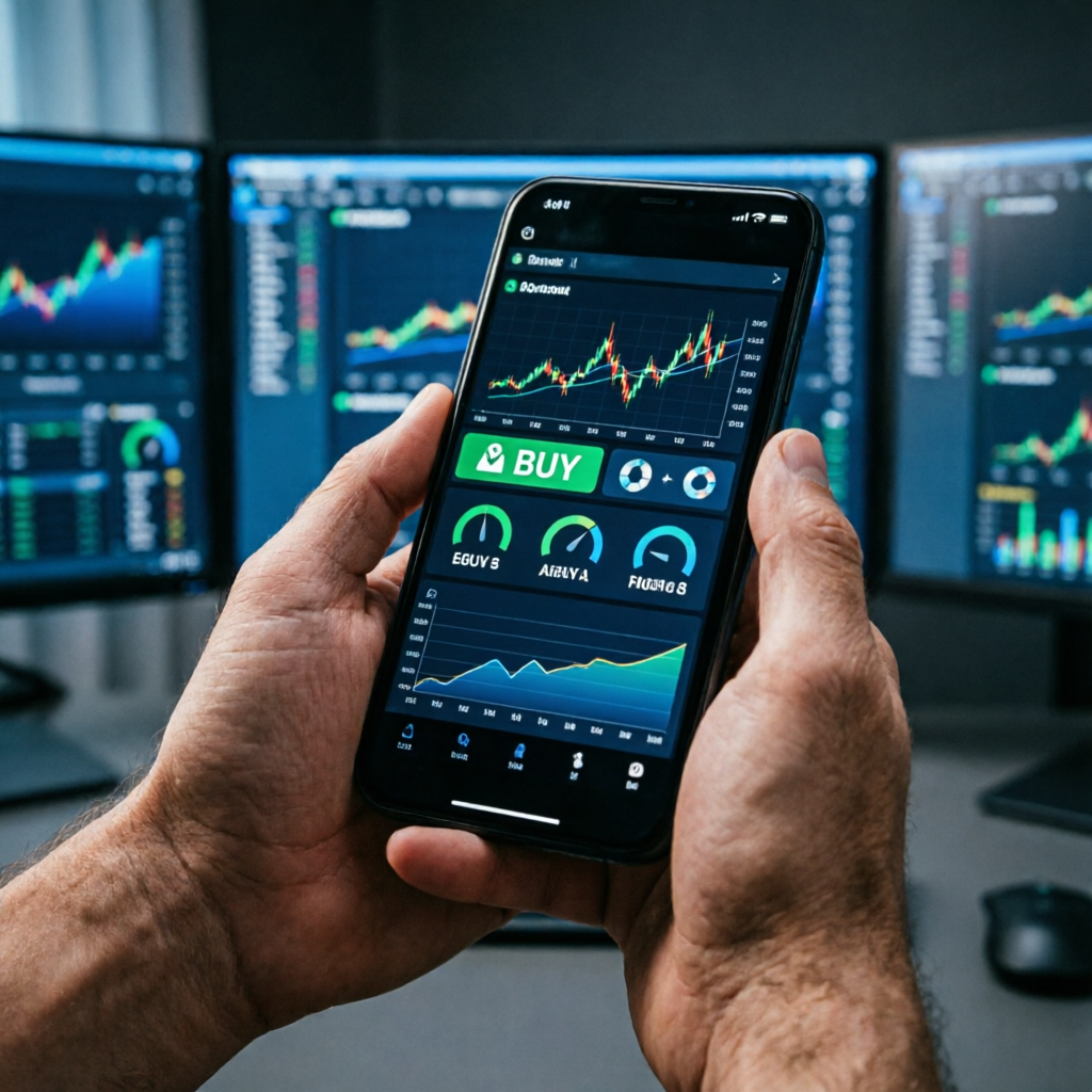 photorealistic close-up of hands holding a smartphone showing an AI trading dashboard with buy signa