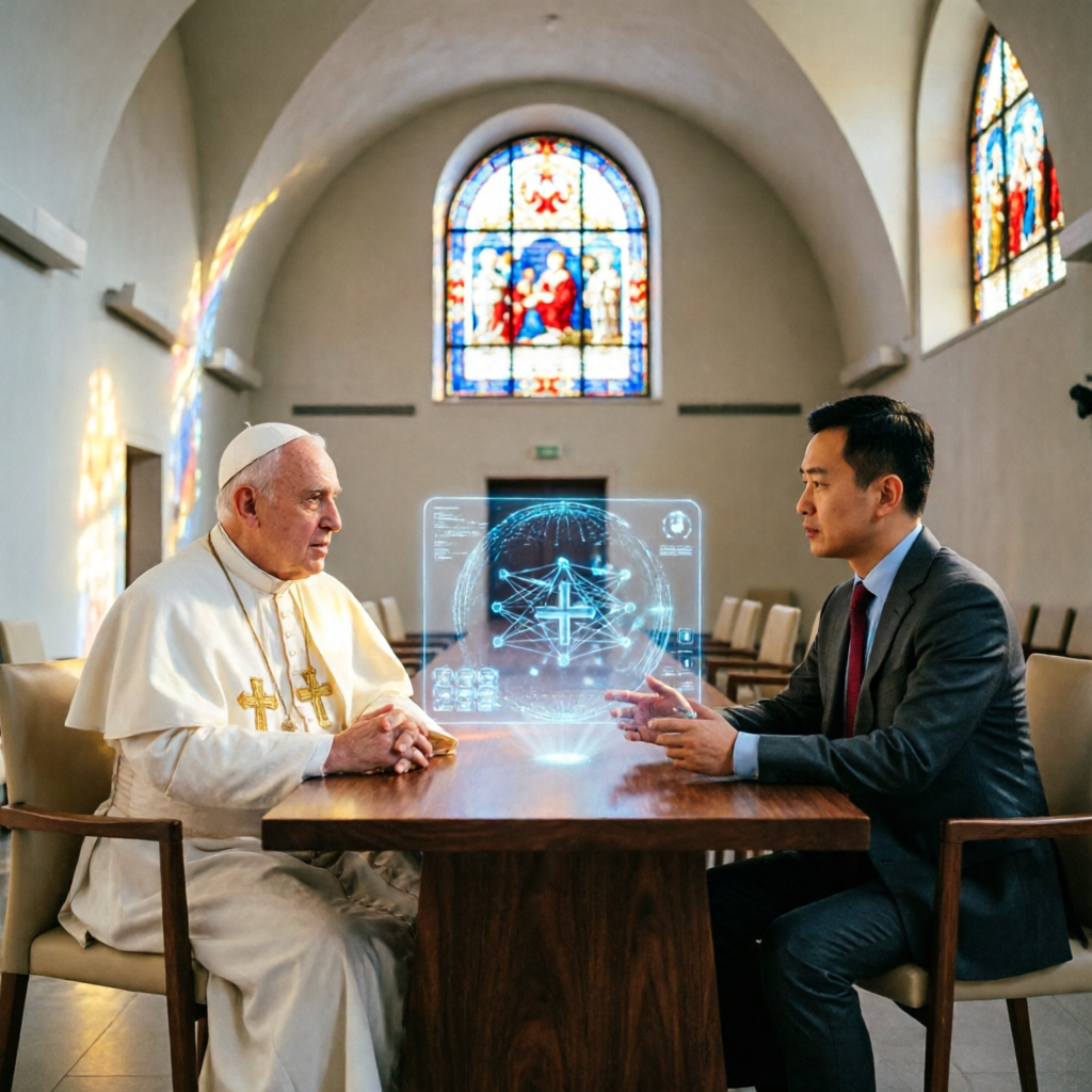 photorealistic cinematic wide shot of Pope in white robes sitting across from a tech executive in mo