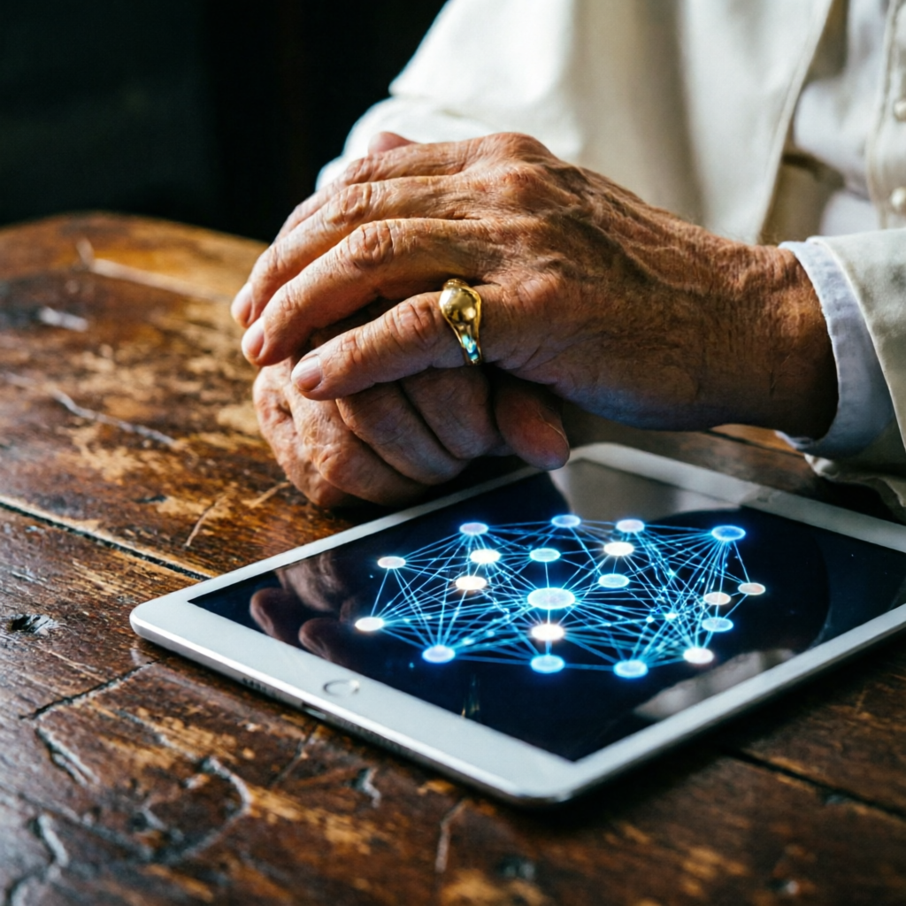 photorealistic close-up of Pope Leo XIV hands resting on ancient wooden table next to modern tablet 