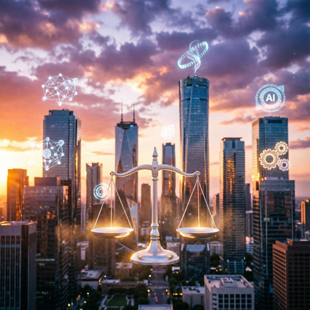 photorealistic cinematic image of futuristic cityscape at sunset with holographic AI symbols floatin