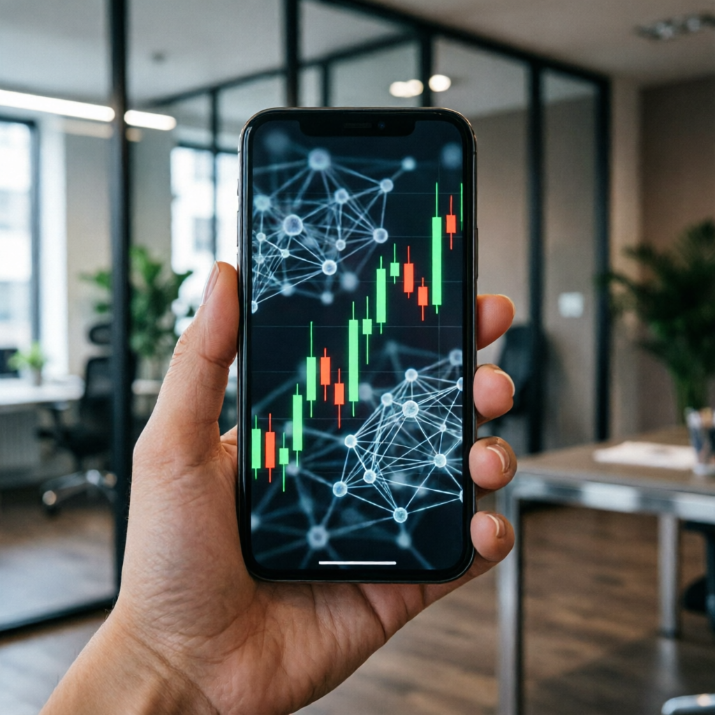 photorealistic close-up of smartphone screen showing AI trading interface with green and red candles