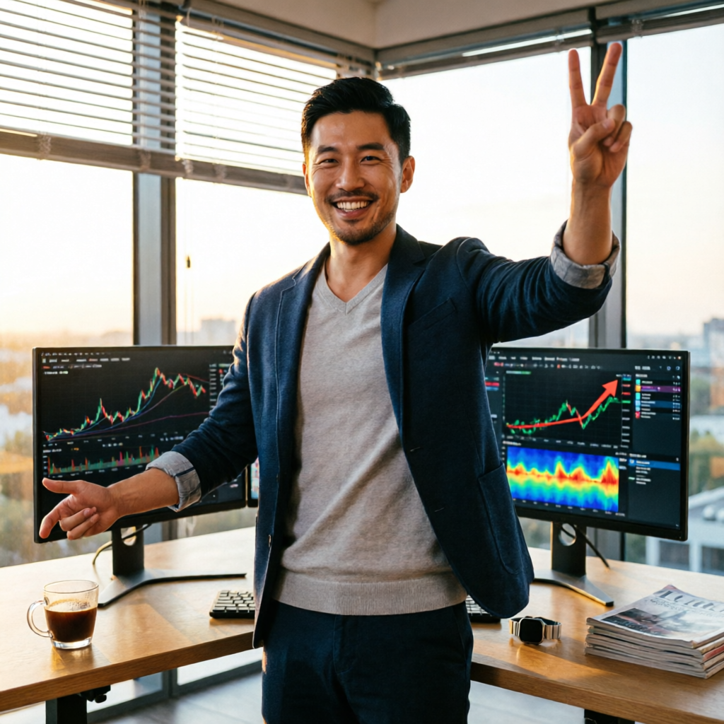 photorealistic professional shot of person celebrating financial victory in front of multiple monito