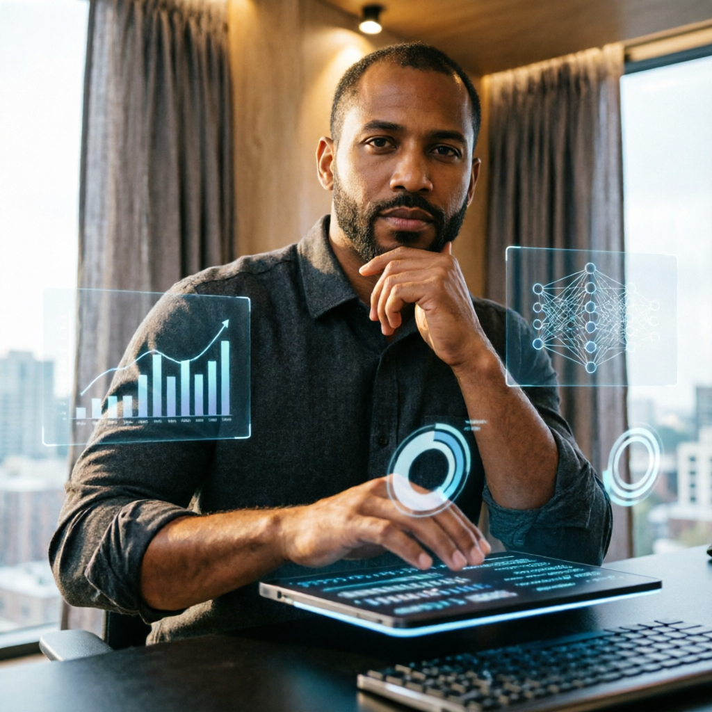 photorealistic cinematic image of a Brazilian entrepreneur working on a futuristic glowing laptop wi
