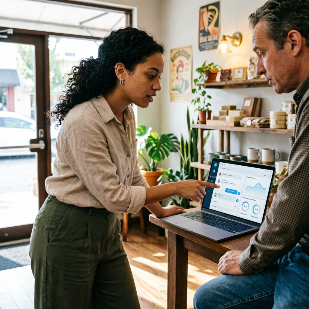photorealistic image of a young Brazilian woman explaining AI automation to a small business owner i