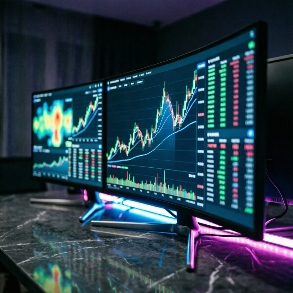 photorealistic cinematic image of a sleek modern trading dashboard on multiple monitors showing AI-d