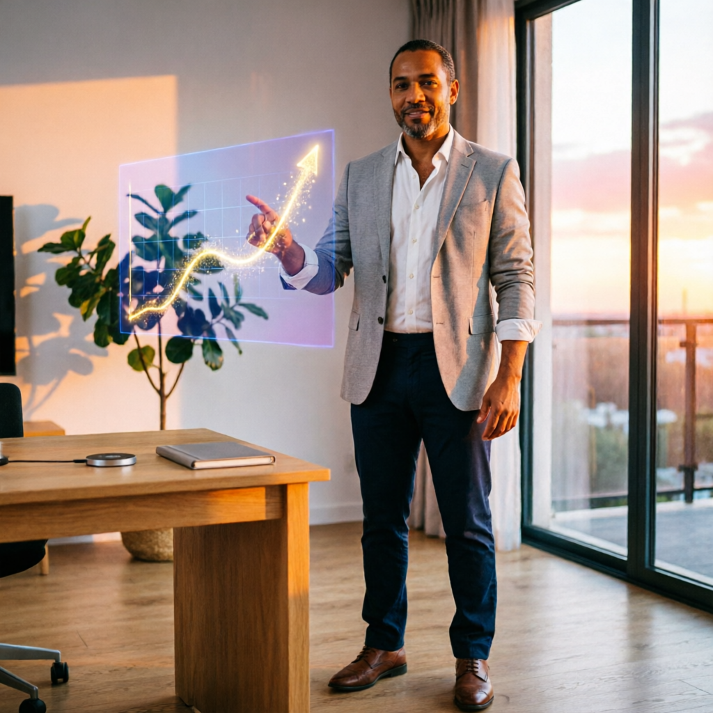 photorealistic image of a confident middle-aged Brazilian professor in casual smart attire pointing
