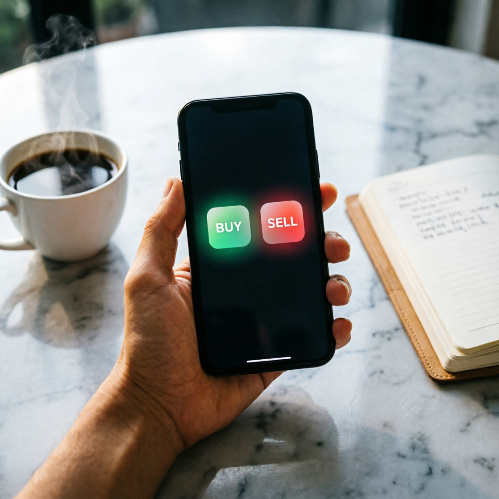 photorealistic cinematic image of a smartphone displaying a sleek trading robot app interface with g