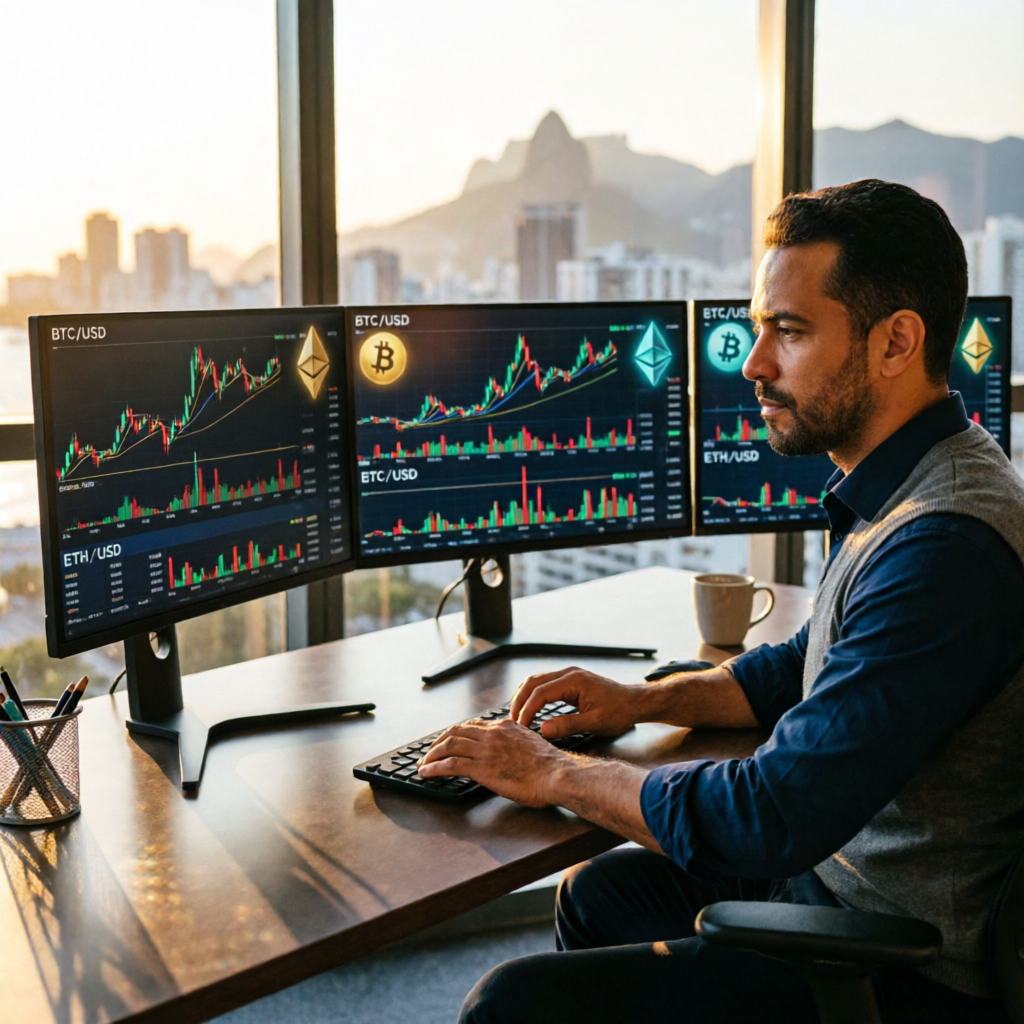 photorealistic cinematic shot of a Brazilian financial advisor analyzing multiple cryptocurrency cha
