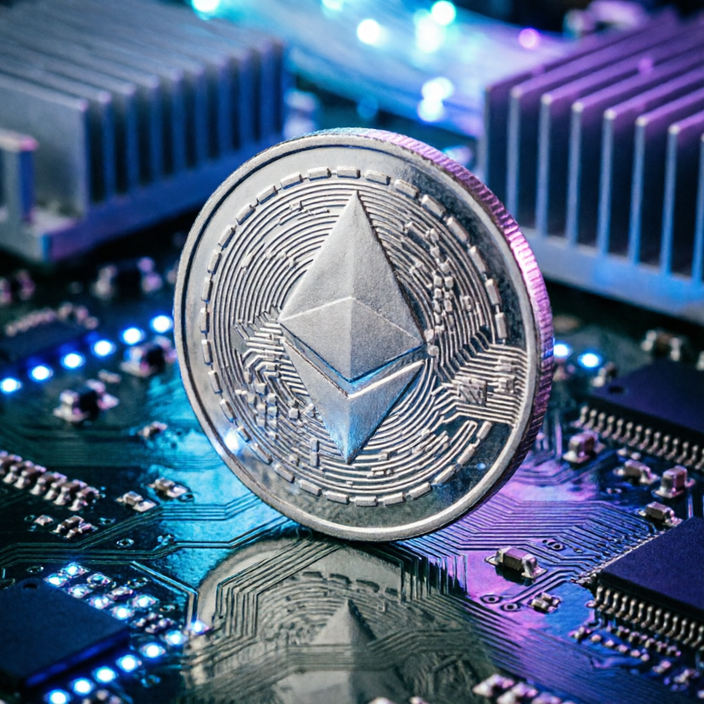 photorealistic close-up of ethereum cryptocurrency physical coin on a circuit board with blue neon l