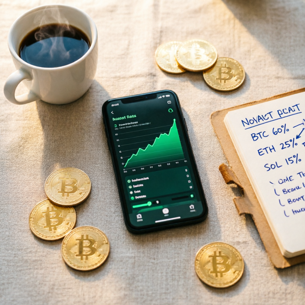 photorealistic flat lay of smartphone showing crypto portfolio app with green growth charts