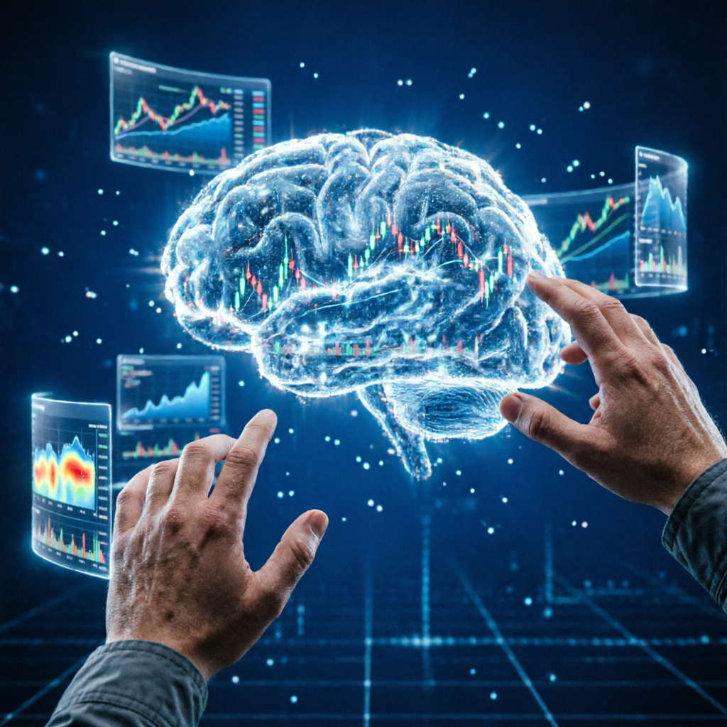photorealistic futuristic AI brain hologram analyzing cryptocurrency candlestick charts