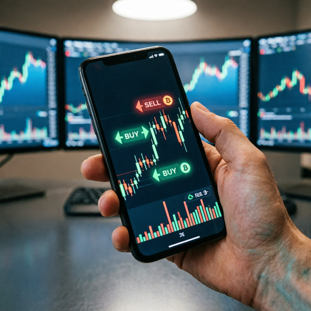 photorealistic smartphone screen displaying AI-powered crypto trading app interface with buy/sell si
