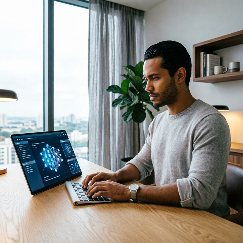 professional brazilian man working on laptop with AI interface glowing on screen