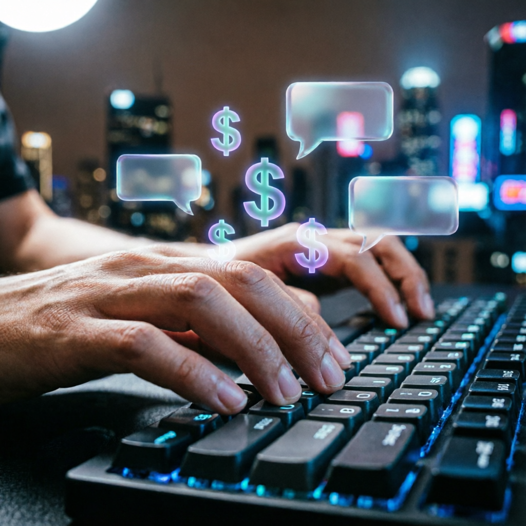 close-up of hands typing on keyboard with floating dollar signs and AI chat bubbles