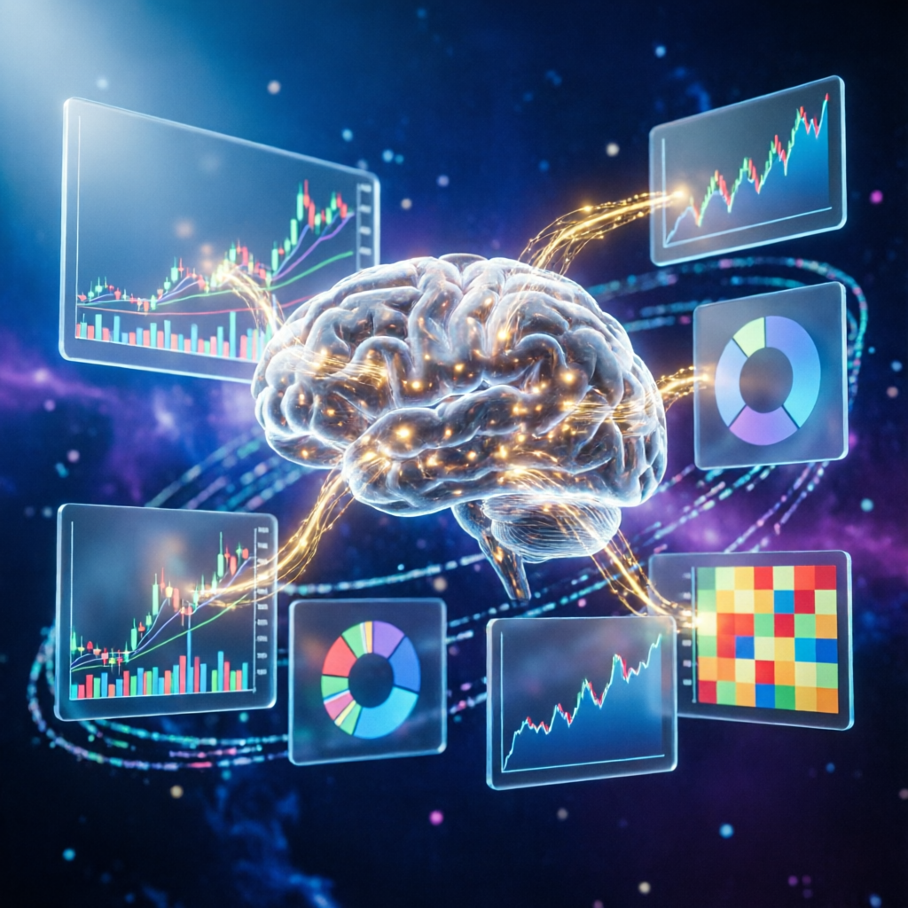 trading charts and graphs floating in 3D space with AI brain visualization