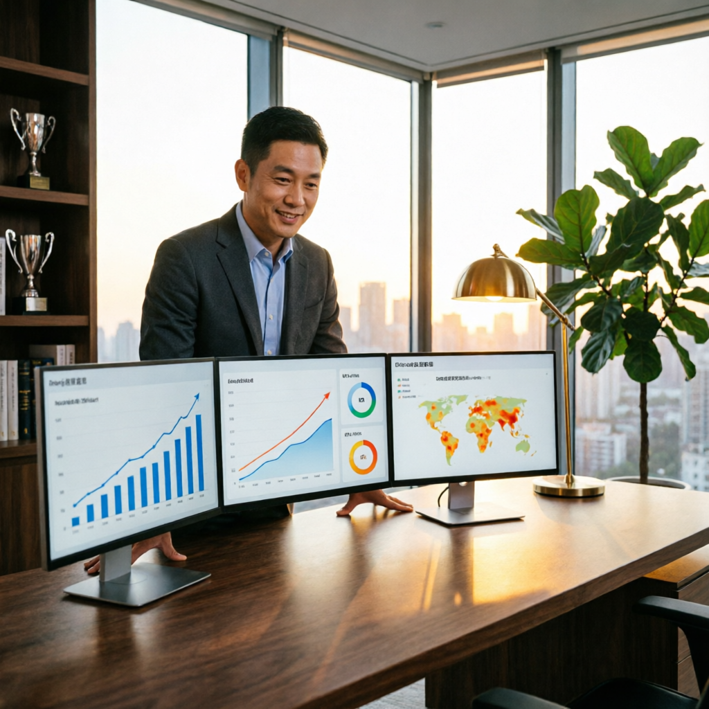 successful entrepreneur celebrating financial results on multiple monitors showing growth charts