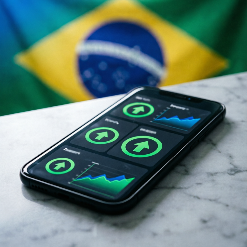 smartphone displaying trading robot dashboard with green profit indicators