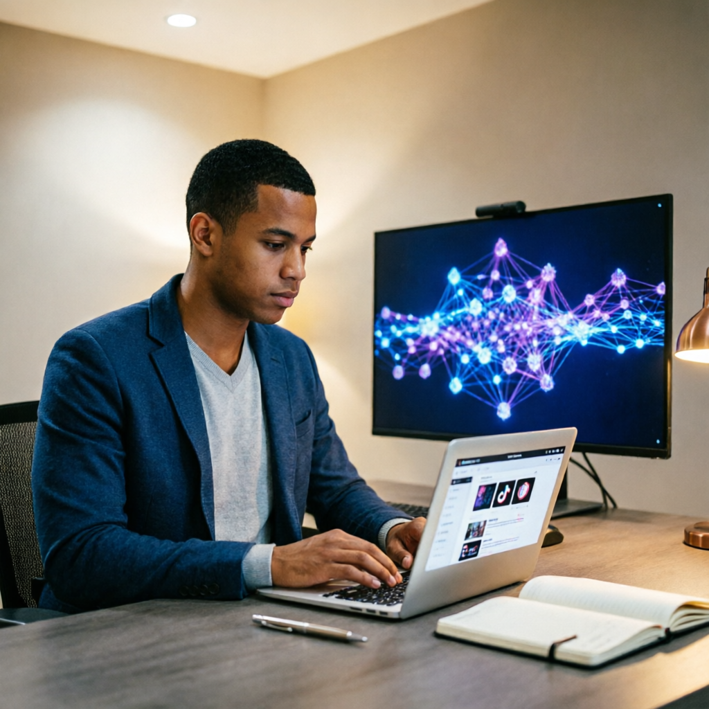 photorealistic cinematic shot of a young Brazilian entrepreneur working on a laptop showing the TikT