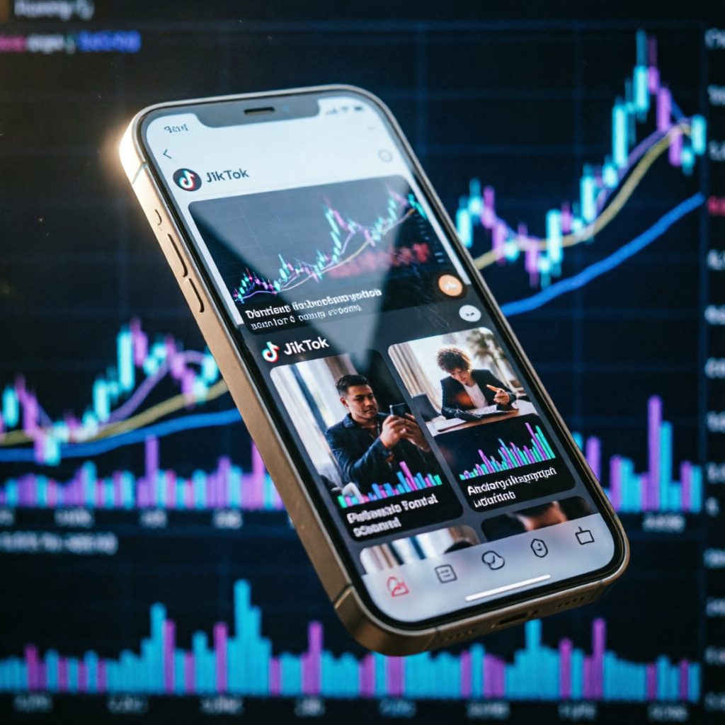 photorealistic close-up of a smartphone displaying TikTok feed with finance and crypto content