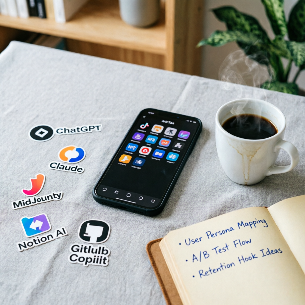 photorealistic flat lay of various AI tools logos on a desk with smartphone showing TikTok app