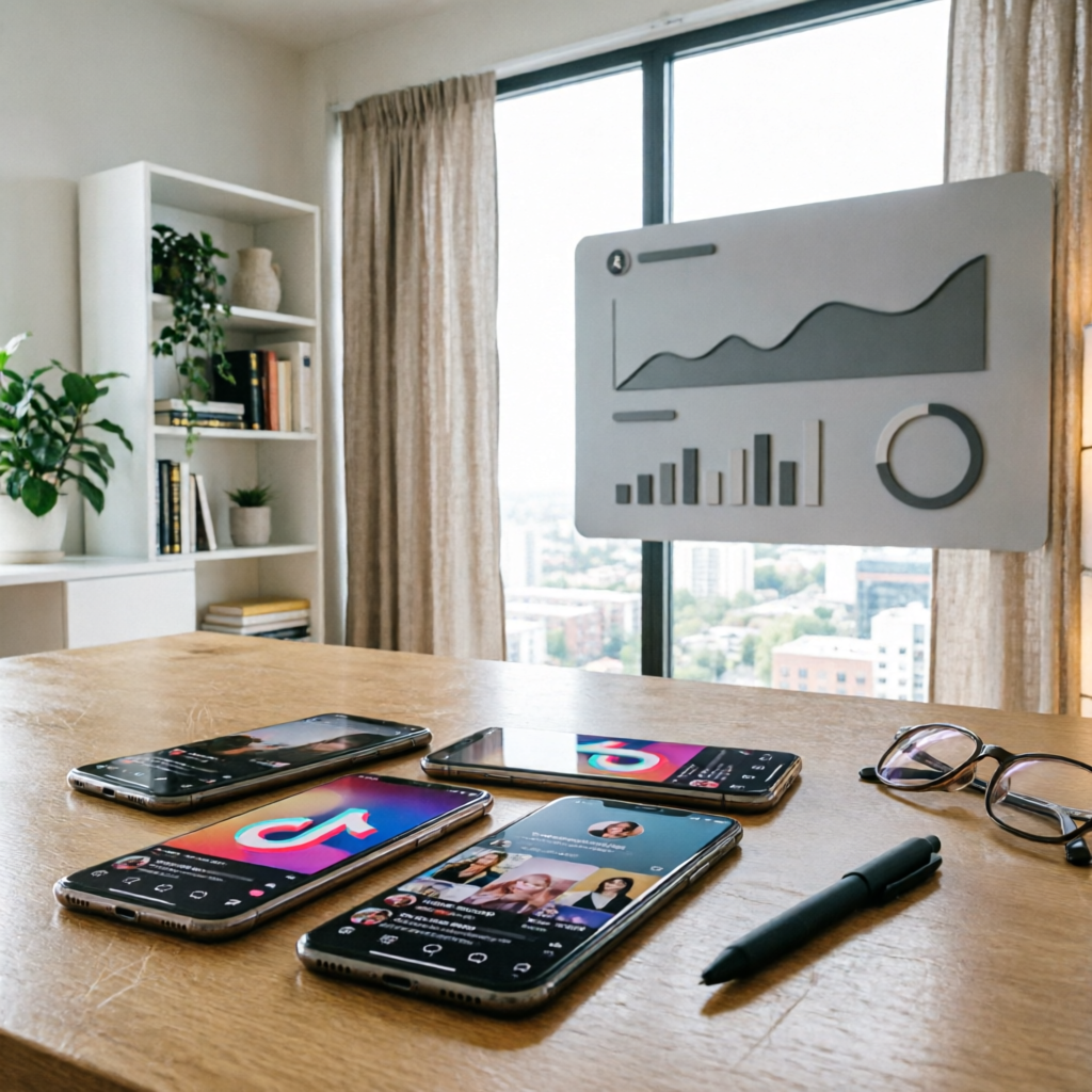 photorealistic shot of multiple smartphones arranged on a desk each showing different TikTok account
