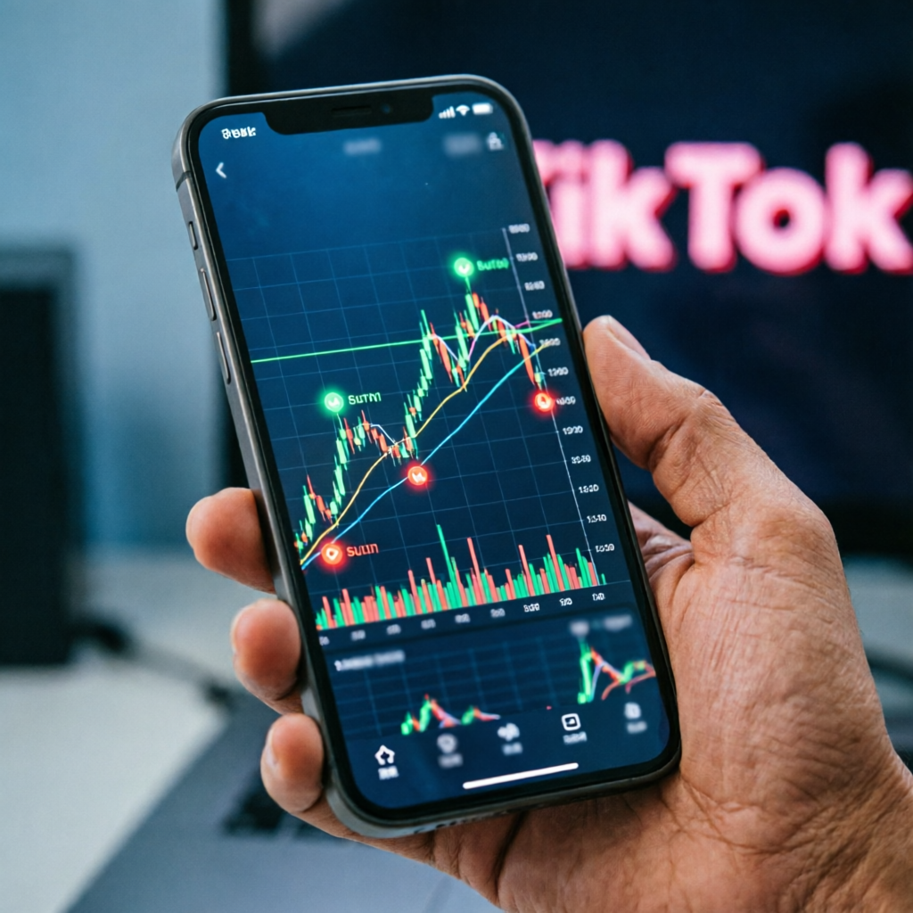 photorealistic smartphone screen showing a professional trading app with AI chart analysis