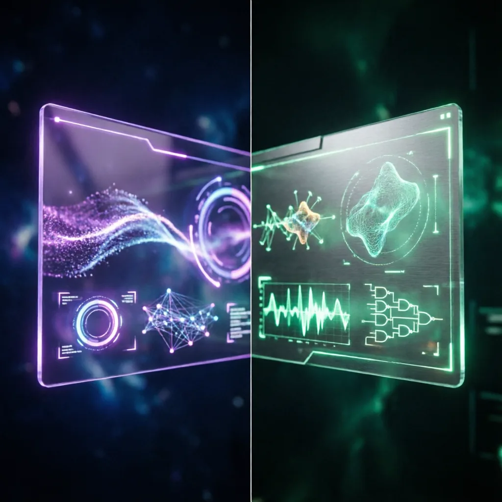 photorealistic split screen comparison of two glowing AI interfaces